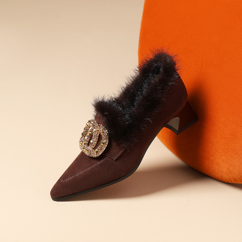 法式秋冬季新款加绒毛毛鞋水钻方扣粗跟尖头中跟真皮深口单鞋女鞋,女鞋,深口单鞋,淘宝优惠券,粉丝福利购,淘宝优惠卷