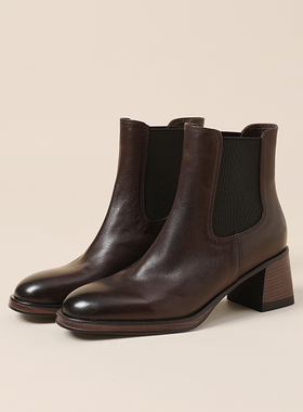 性价比之王~水洗牛皮切尔西靴粗跟圆头短靴秋冬百搭中跟马丁靴女