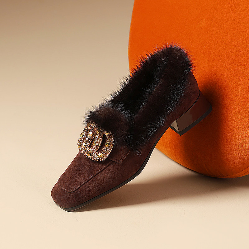 法式复古水钻方扣低跟毛毛鞋加绒通勤方头乐福鞋真皮女鞋深口单鞋,女鞋,深口单鞋,淘宝优惠券,粉丝福利购,淘宝优惠卷