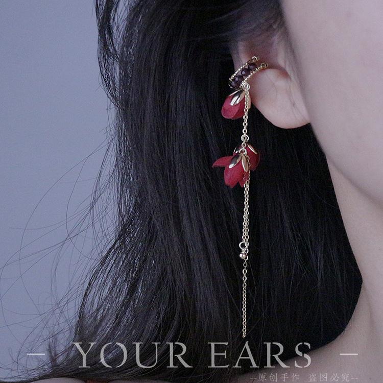 YOUR EARS原创设计大红色花朵耳骨夹石榴石长款无需耳洞古风耳饰