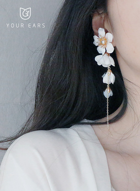 YOUR EARS原创手作无耳洞女耳挂耳夹白色茶花花朵长款新娘耳饰
