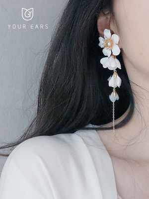 YOUR EARS原创手作无耳洞女耳挂耳夹白色茶花花朵长款新娘耳饰