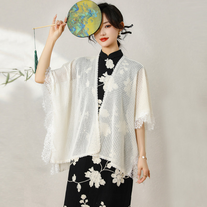 夏季新款配旗袍带袖披肩女外搭镂空斗篷复古文艺短款坎肩空调罩衫