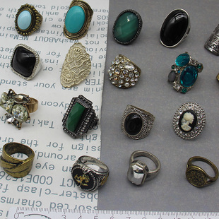 Y单出口尾货欧美超美复古旧旧古董夸张花心个性戒指首饰合集 独款