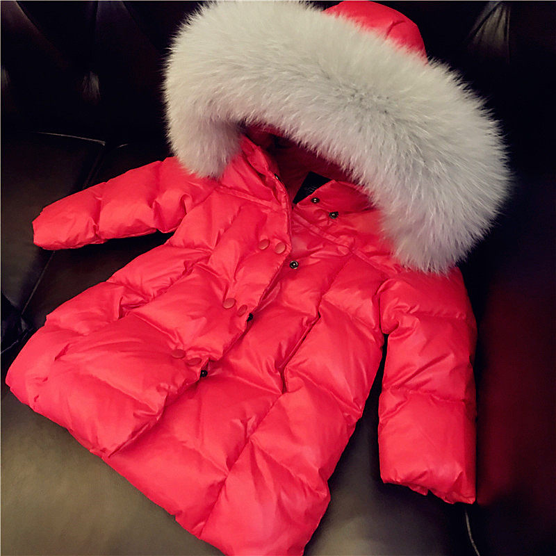 儿童宝宝中大童装婴幼儿加厚狐狸大毛领中长款女童红色羽绒服外套