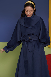 双面呢复古优雅气质时尚 兰奕屋语原创设计 深宝蓝色斗篷羊毛大衣