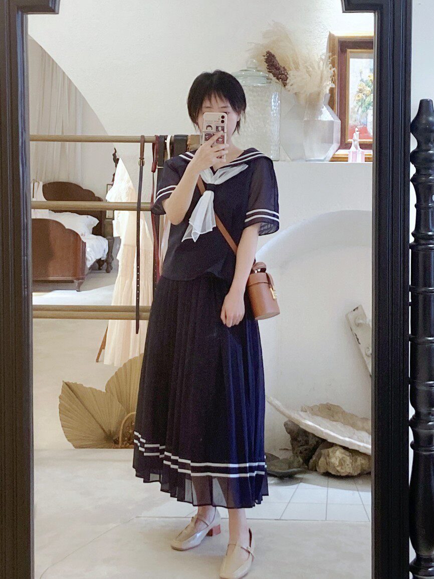 兰奕屋语原创设计 藏青色海军领衬衫半裙套装 俏皮领结少女短袖