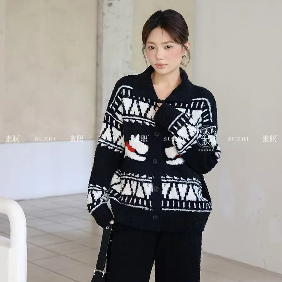 秋冬新款加厚保暖半边绒睡衣女士可爱卡通围巾小狗家居服可外穿