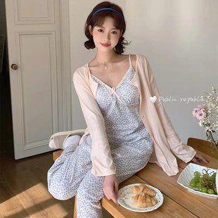 韩国秋季吊带碎花甜美开衫外套女士睡衣提花针织棉三件套家居服