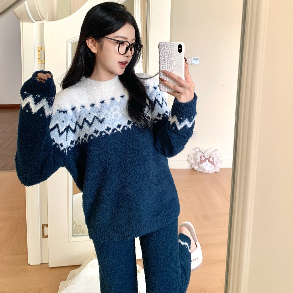 冬季 娜摩米费尔岛可外穿复古睡衣 高级圆领加厚保暖半边绒家居服