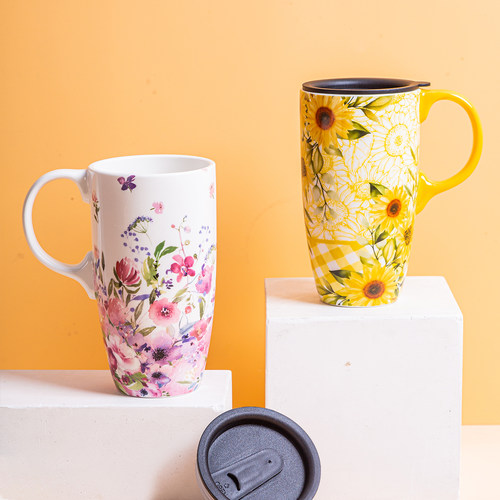 爱屋格林大容量陶瓷马克杯女带盖早餐杯办公室水杯咖啡杯高颜值