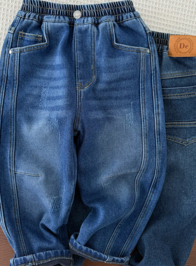 男童加绒牛仔裤柔软中弹~秋冬中大童加厚长裤男孩时尚保暖直筒裤