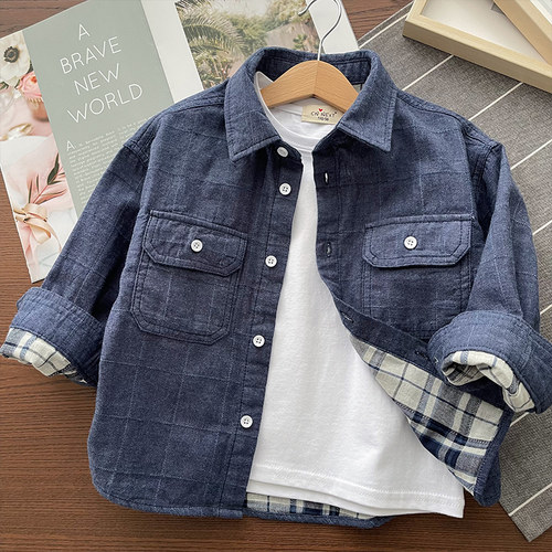 柔软纯棉双层纱男童格子翻领衬衫