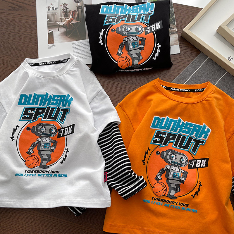 【年终清库】篮球机器人~男童假两件条纹T恤男宝卡通印花打底衫