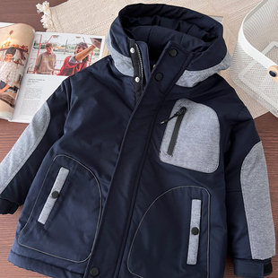 牛仔拼色儿童加厚过冬棉服男童连帽棉衣中大童拉链棉风衣保暖棉袄