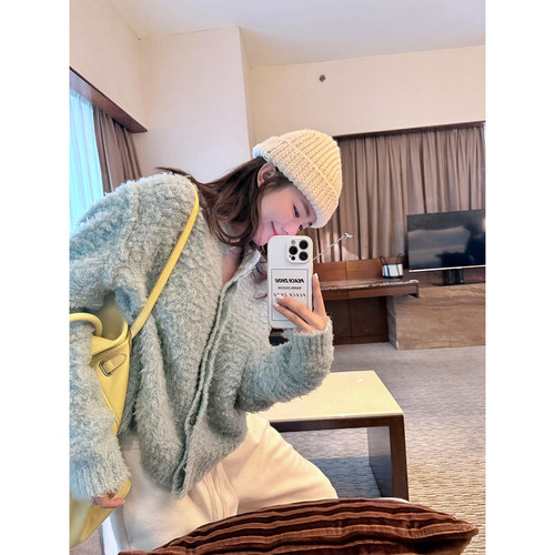 PEACHZHOU 定染温柔风藍色綿羊毛开衫毛衣女2026秋冬慵懒圆领百搭