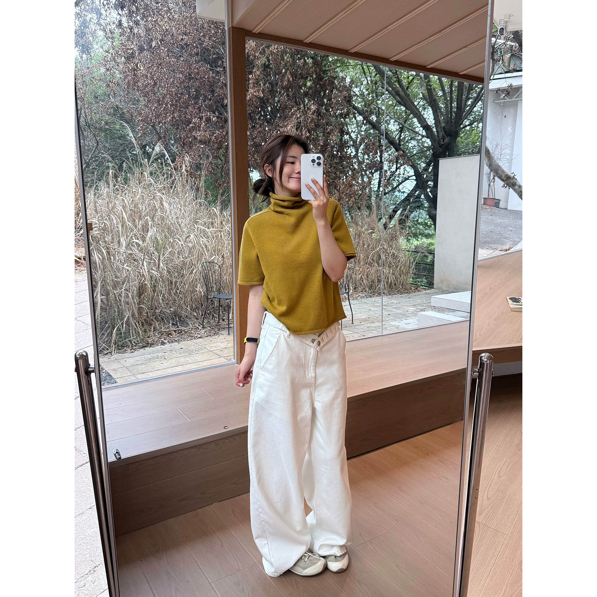 PEACHZHOU 绣花口袋白色牛仔裤韩系可调节腰带洋气阔腿长裤子女秋图片