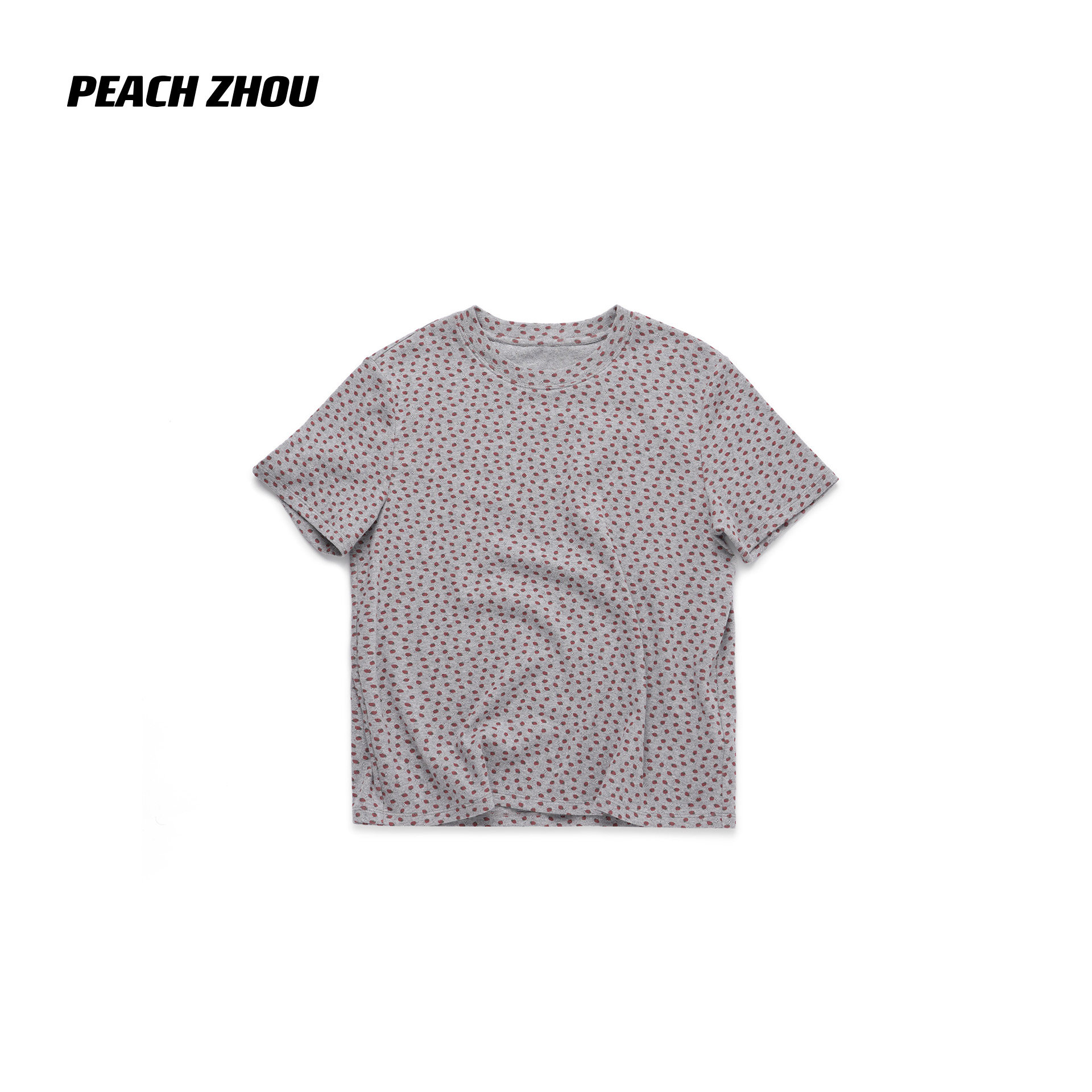 PEACHZHOU 设计感满印小草莓圆领短袖100%棉T恤女士正肩短款复古图片