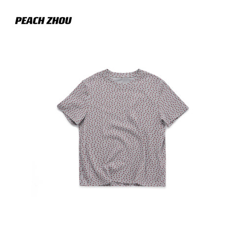 PEACHZHOU 设计感满印小草莓圆领短袖100%棉T恤女士正肩短款复古