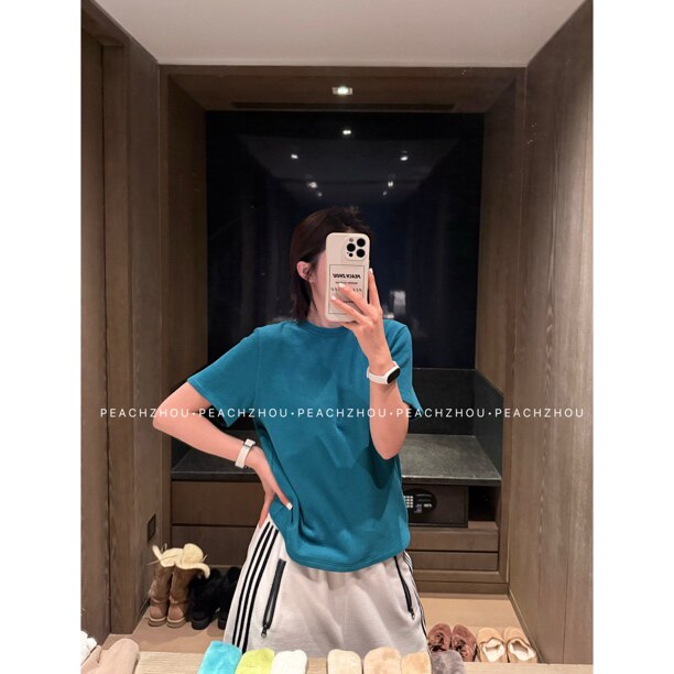 PEACHZHOU 自发热黑科技基础纯色正肩修身圆领打底短袖内搭T恤女图片