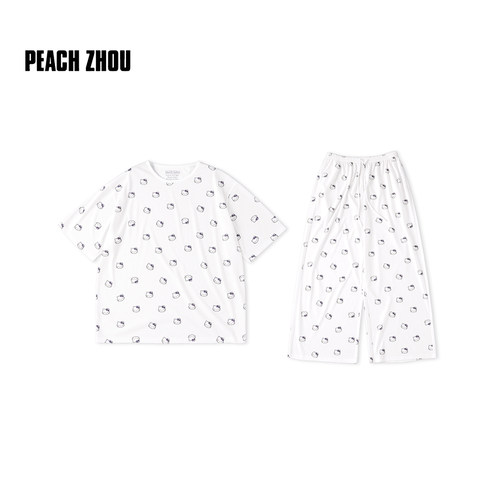 PEACHZHOU 满印Kitty猫短袖睡衣套装落肩圆领阔腿长裤套头家居服