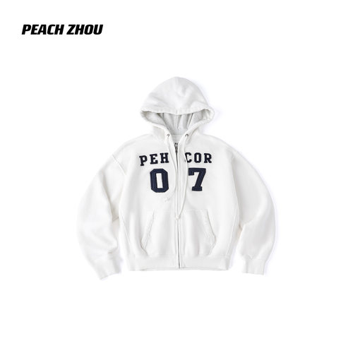 PEACHZHOU 破洞毛边加绒卫衣外套美式学院风字母贴布绣宽松连帽