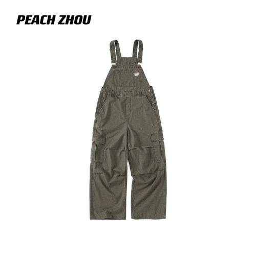 PEACHZHOU 重工洗水做旧军绿工装背带裤磨破可调节宽松挺阔连体裤