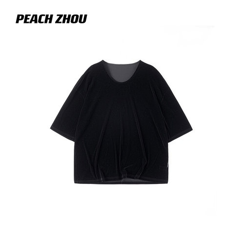 PEACHZHOU 凉感丝绒T恤宽松圆领套头oversize慵懒女款短袖高级感