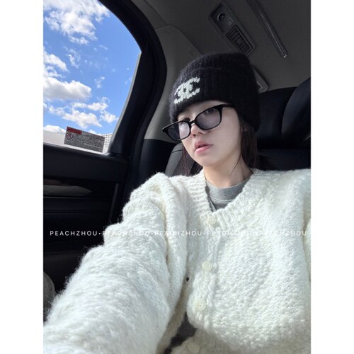 PEACHZHOU 羊毛混纺大肚纱宽松圆领毛衣百搭开衫外套女秋季新款