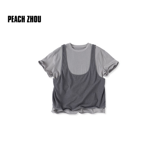 PEACHZHOU '扭扭两件套'圆领短袖可造型铁丝卷边宽松U领背心叠穿