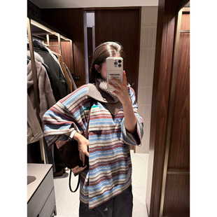 PEACHZHOU 羊毛混纺撞色条纹上衣口袋宽松慵懒圆领针织毛衣女秋季