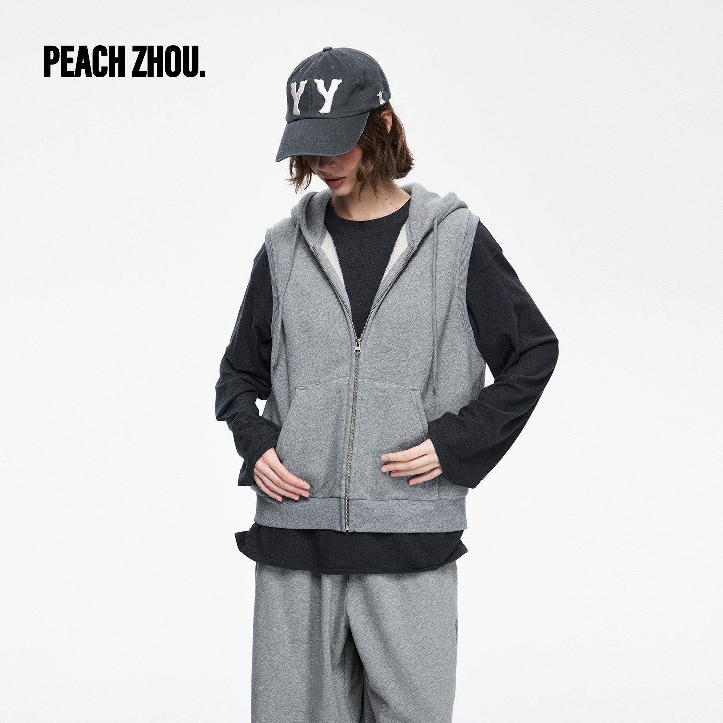 PEACHZHOU 花灰加绒卫衣马甲外套女纯色保暖无袖拉链秋季开衫外套图片