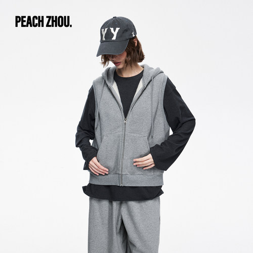 PEACHZHOU 花灰加绒卫衣马甲外套女纯色保暖无袖拉链秋季开衫外套