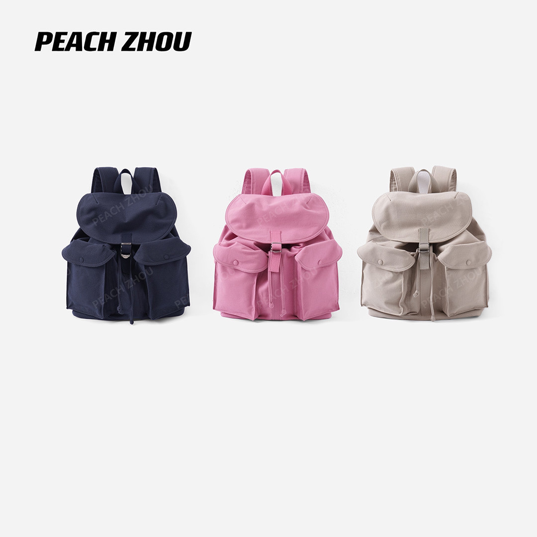 PEACHZHOU 水洗帆布小马刺绣工装背包多口袋男女款大容量双肩包图片