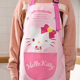 三丽鸥Kitty烘焙围裙家用厚实可爱粉色厨房防水防油纯棉可擦手