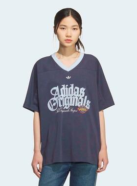adidas三叶草女装 潮流时尚印花宽松休闲V领短袖T恤KT3063 KT3062
