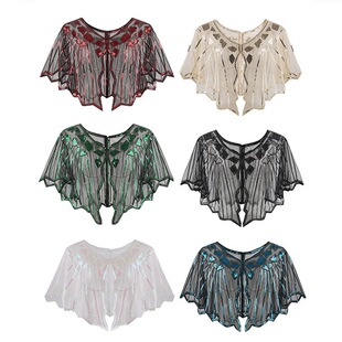 欧美复古1920S盖茨比聚会宴会晚礼服婚纱礼服钉珠亮片网纱披肩