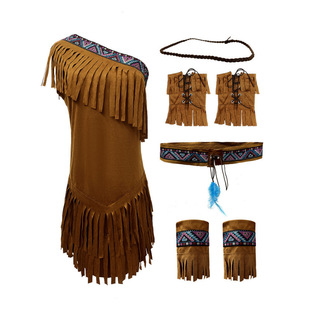 2025年新款万圣节印第安人土著服COS制服流苏野人森林猎人连衣裙