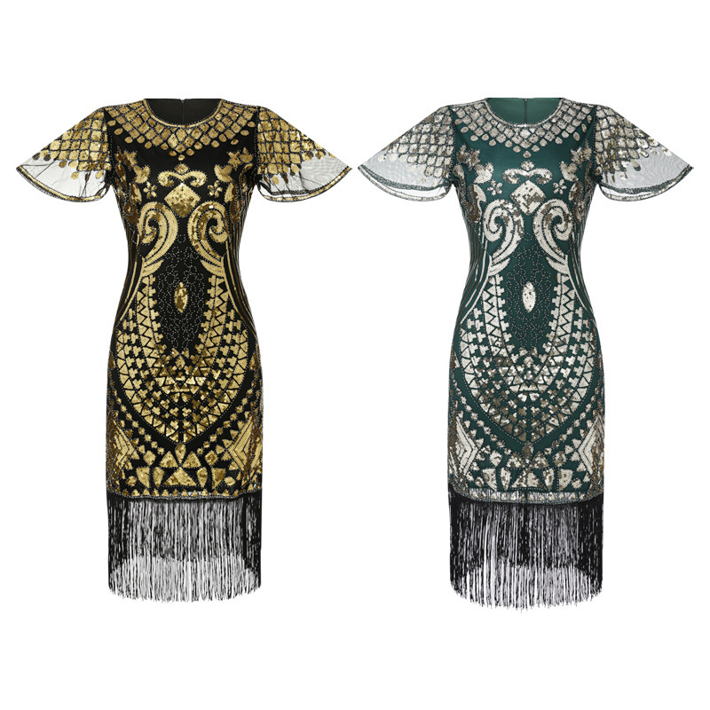 1920s复古欧美女装新款派对性感礼服 时尚大码珠绣亮片流苏连衣裙