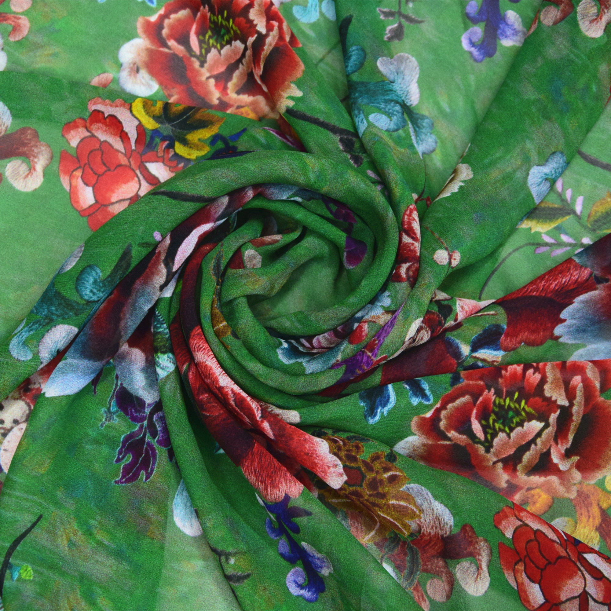 03乔其纱真丝纱绿色牡丹印花艳丽飘逸连衣裙面料100%桑蚕丝绸布料