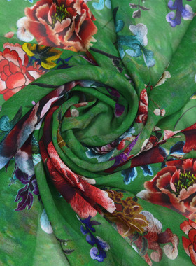 03乔其纱真丝纱绿色牡丹印花艳丽飘逸连衣裙面料100%桑蚕丝绸布料