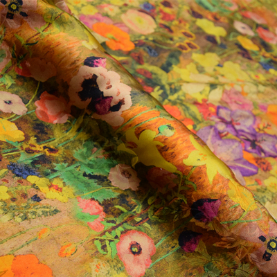 40姆彩色黄花重缎香云纱旗袍面料