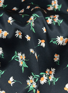 黑色小雏菊印花宽幅19姆米真丝喷绘弹力缎连衣裙布料桑蚕丝绸面料