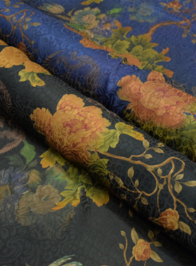 黑色花萝弹力28姆米提花大牡丹印花真丝香云纱旗袍布料桑蚕丝面料