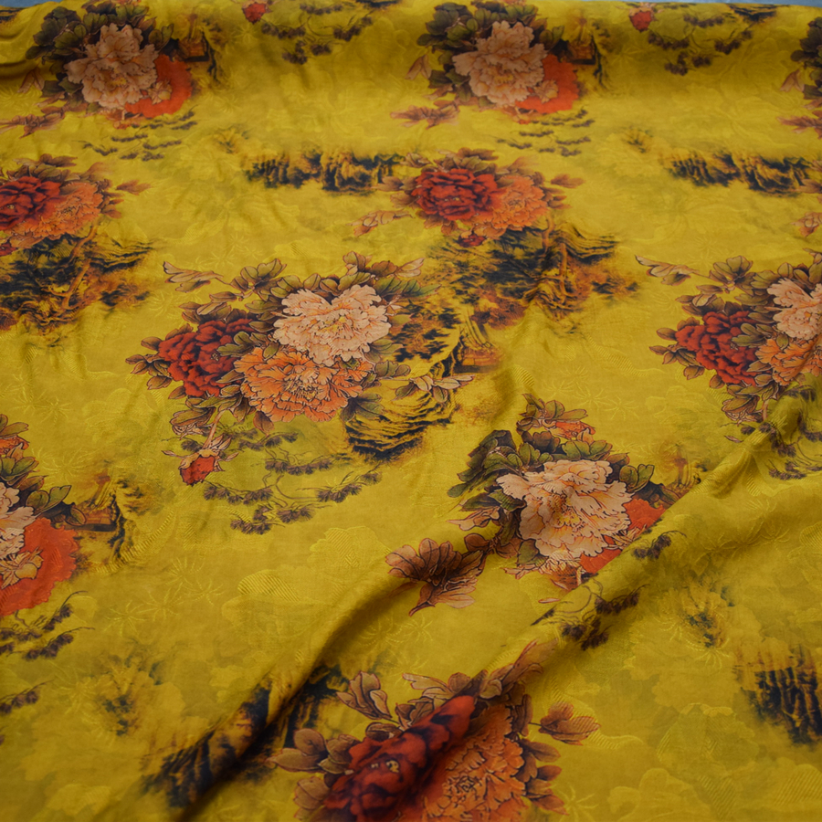 亮黄色牡丹花重磅香云纱面料