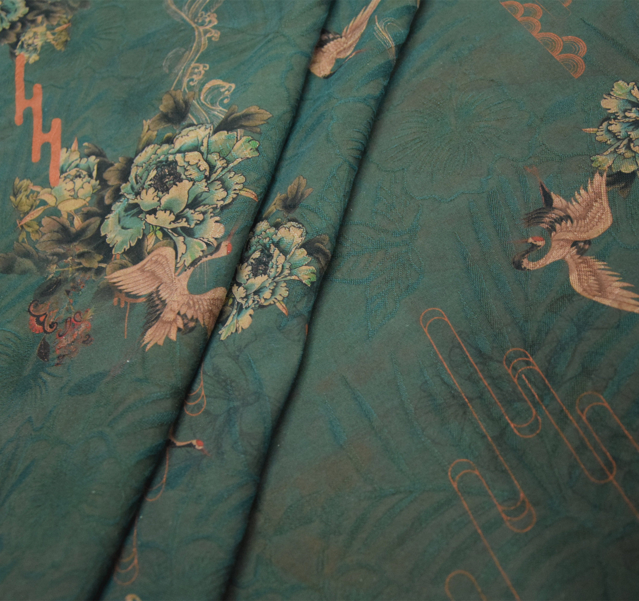 仙鹤牡丹印花提花墨绿底色40姆米重磅绢纺香云纱布料桑蚕丝绸面料