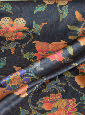 40姆米重磅重缎香云纱黑色祥云植物印花连衣裙旗袍布料桑蚕丝面料