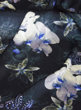 23姆米上海真丝大王缎连衣裙旗袍布料黑色白花蝴蝶印花桑蚕丝面料