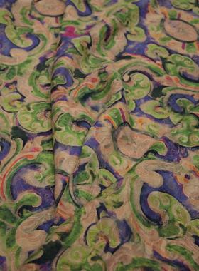 紫色绿色几何印花40姆米重磅绢纺香云纱旗袍连衣裙面料桑蚕丝布料