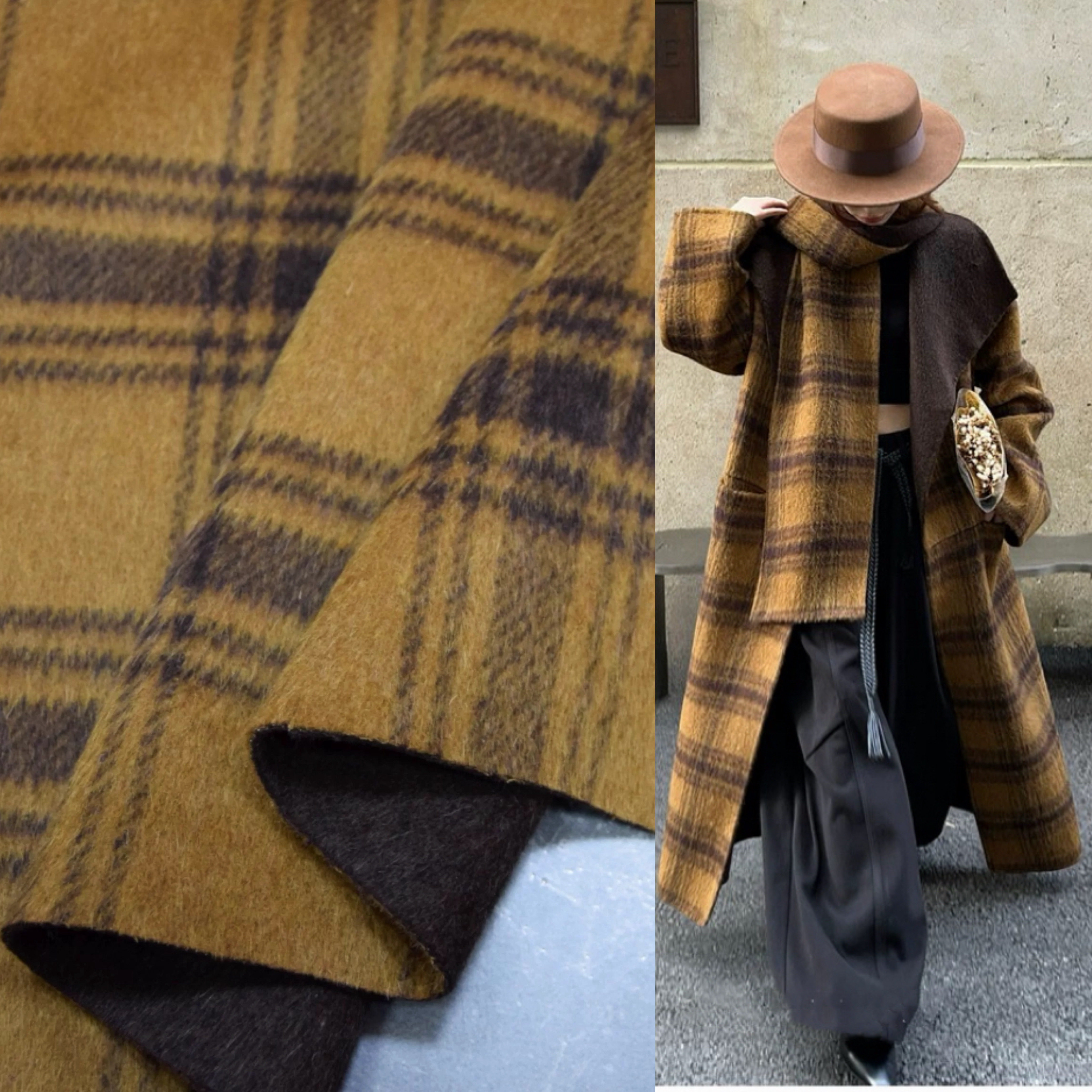 韩国进口定制黄格子羊驼绒双面羊绒大衣面料可剥羊毛秋冬时装布料,纺织面料/辅料/配套,毛呢布料,淘宝优惠券,粉丝福利购,淘宝优惠卷